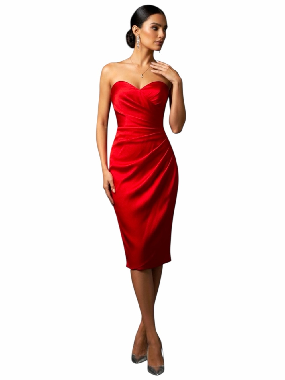 Badgley Mischka Red Silk Corset Midi Dress Strapless Cocktail Formal Size 10 - Picture 2 of 8